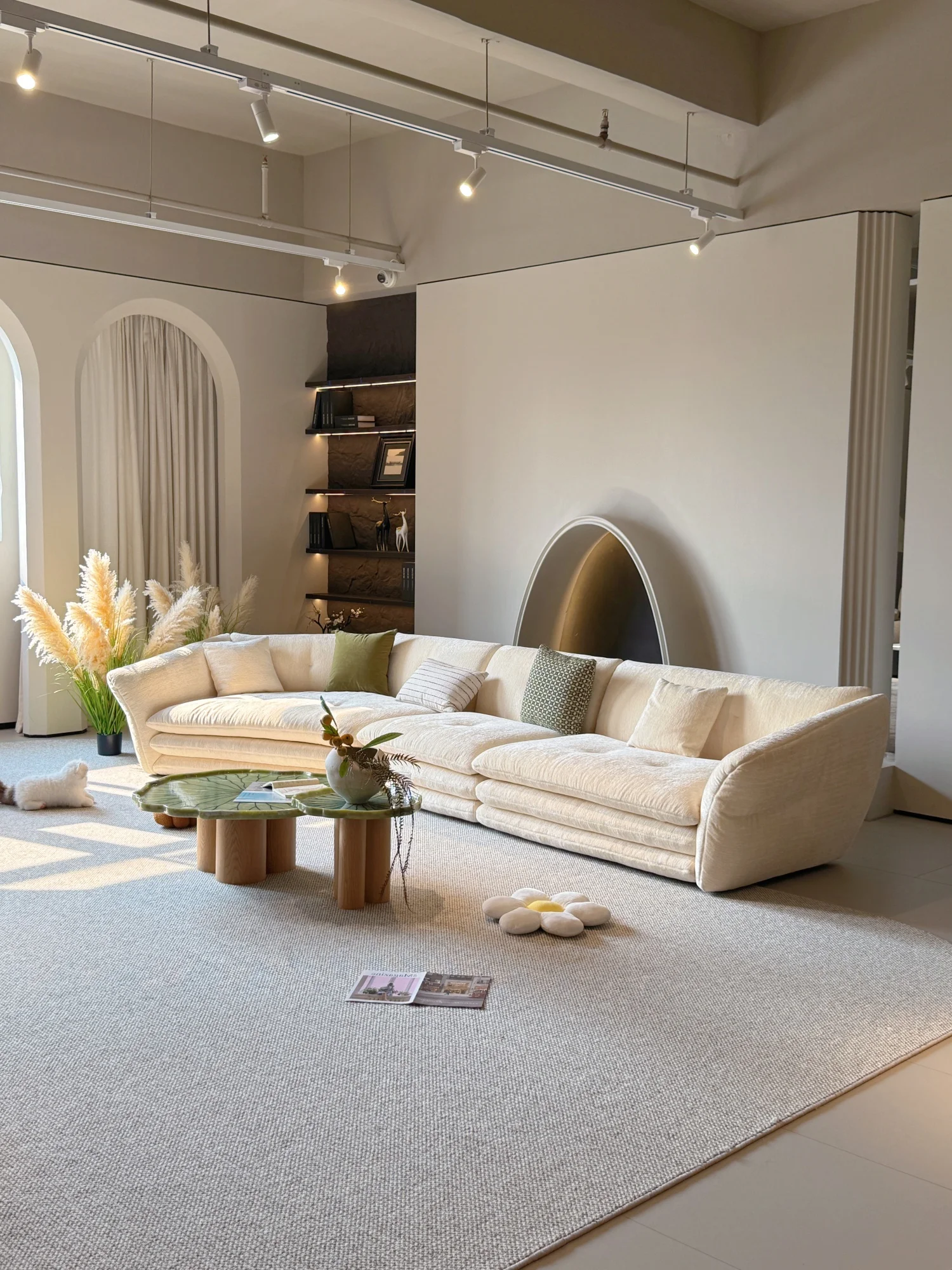 Cream Chenille Modular Sectional Sofa With Corner Flared Armrest Low Profile Deep Seat Oversized For Living Room Villa Home