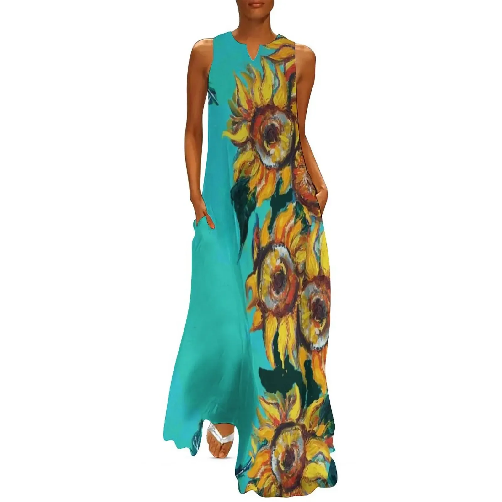 

SUNFLOWERS Yellow Aqua BlueTurquoise Floral Long Dress fairy dress ladies dresses for women 2025 Dress