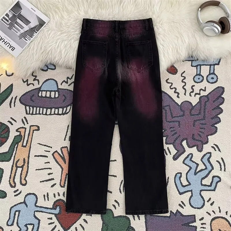 Spring Autumn Womens Gradient Washed Pink Denim Pants American Vintage Loose Straight Flared High Street Fashion Jeans