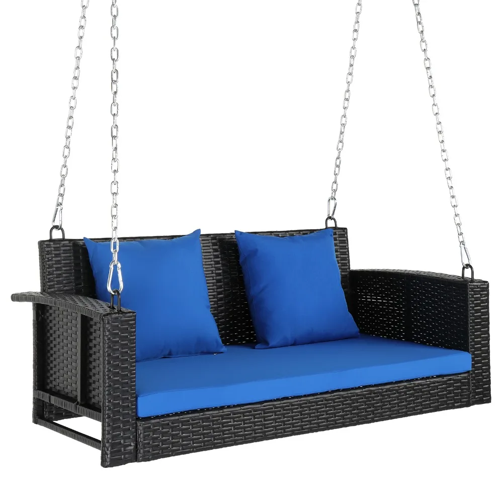 

49in Black Rattan Blue Cushion Rattan Swing Chair（without frame） for Garden, Backyard, Pond，Patio Swings
