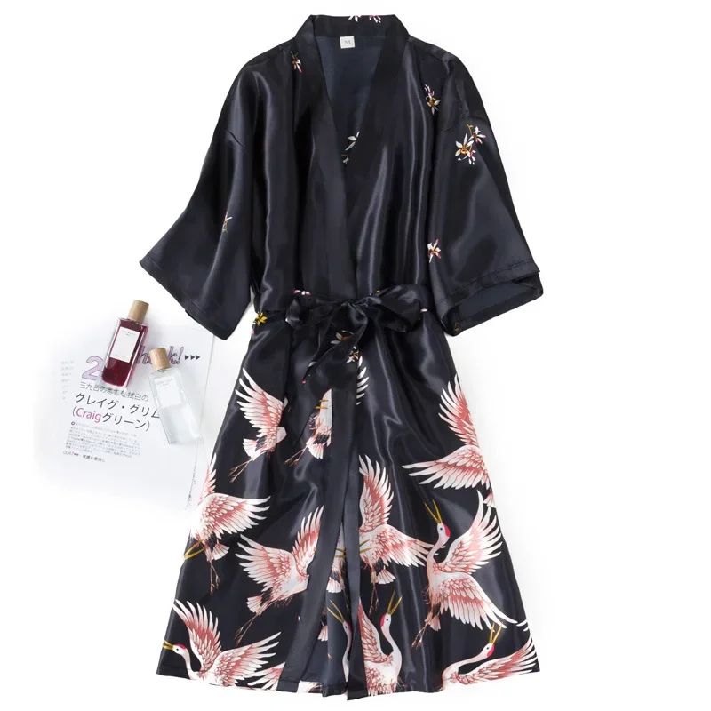 Burgundy Women Faux Silk Kimono Robe Gown Sets Sexy Print Crane Nightdress &Bathrobe Lingerie Nightgown Summer Sleepwear