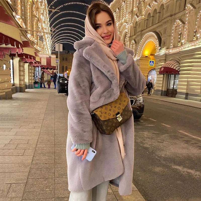 Luxury Winter Long Overcoats Women Oversized Lapel Belted Faux Rabbit Fur Coat Jacket Female Plus Size Outerwear Plush Fur Coats