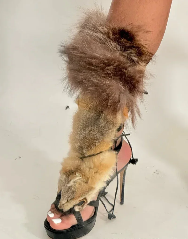 

New Fur Stiletto Heeled Knee-High Gladiator Sandals Platform Round Open-Toe Fashionable Sexy Sandals For Women Plus Size