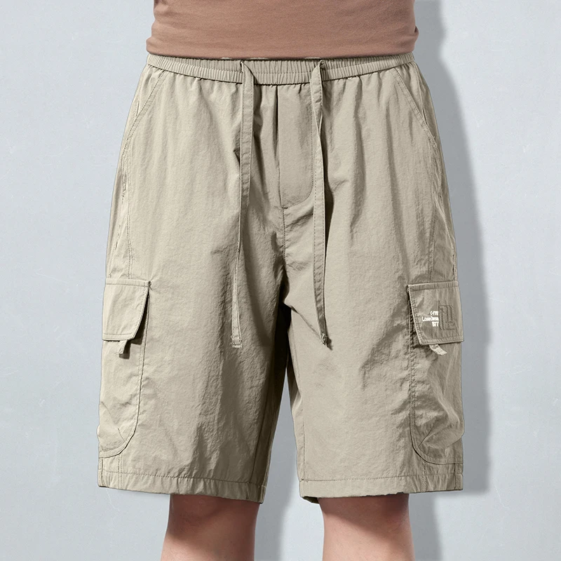 

2026 Summer Men's Loose Straight Cargo Shorts Polyamide Fabric Knee Length Multi Pocket Drawstring Elastic Waist Outdoor Short