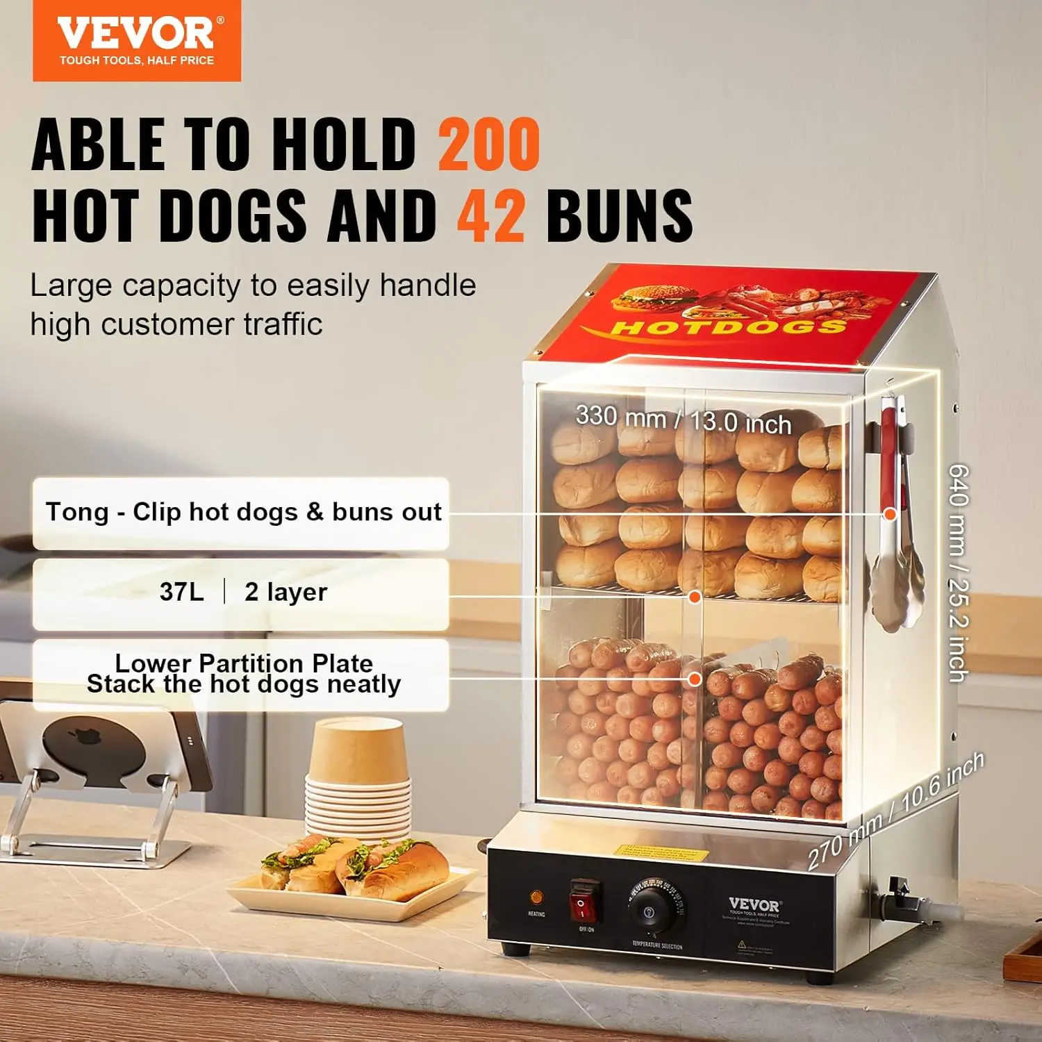 Steamer, 39QT, 2-Tier Hot Dog Hut Steamer, 86℉~185℉ Temperature Control, Electric Bun Warmer with Tempered Glass Slide Doors Par