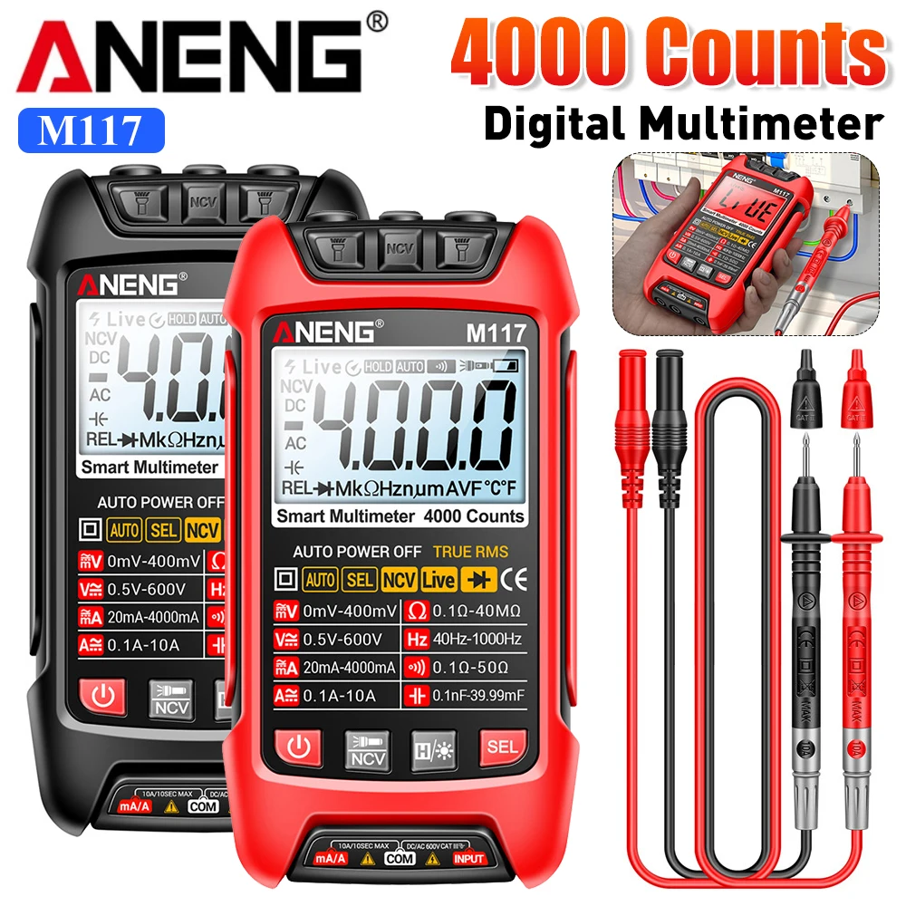 

ANENG M117 Digital Multimeter 4000 Counts AC/DC Current Voltage Tester Auto Range NCV Diode Resistance Frequency Test Meter