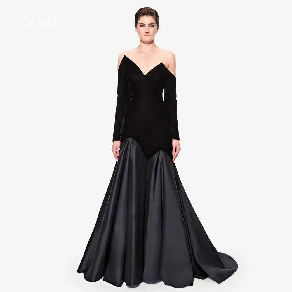 LISM Formal Evening Dresses Women Off the Shoulder Long Sleeves Party Dresses Customized A Line Patchwork Prom Gown