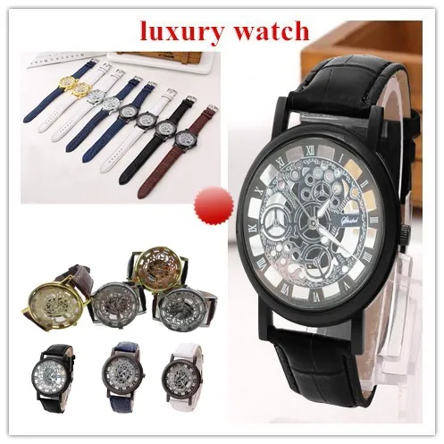 Men Luxury Hollow Out Watches Men Quartz Military Sport Leather Band Dial Wrist Watch Men Mechanical Wristwatches Reloj Hombre