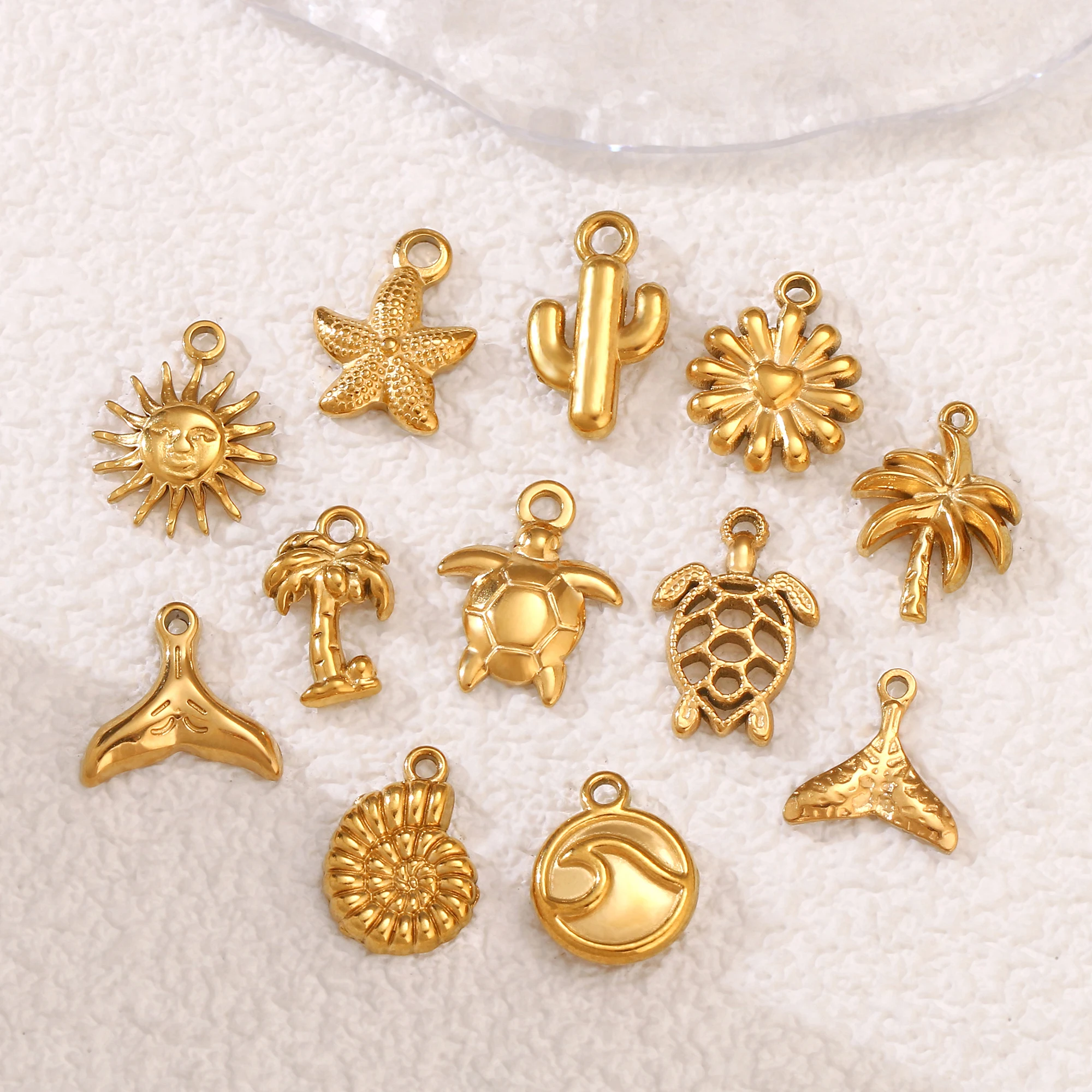 3Pcs Small Tropical Coconut Tree/Sea Wave/Cactus Charms Stainless Steel Pendant DIY Bracelet Necklace Jewelry Making Accessories
