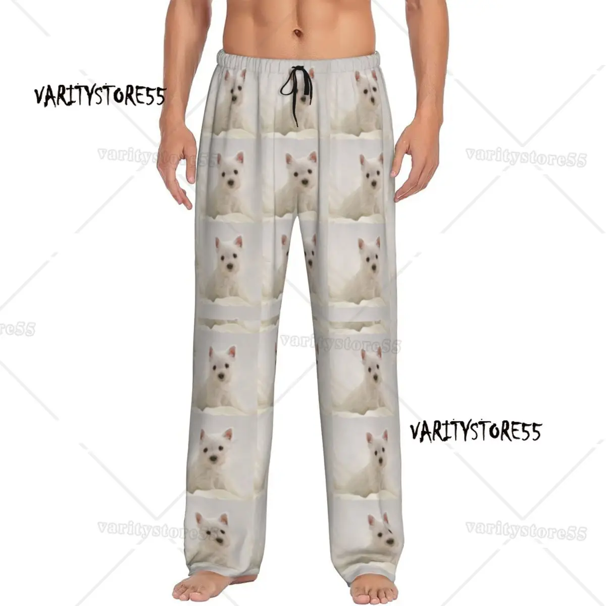 

Изготовленные на заказ пижамные штаны Westie Highland Terrier, мужская одежда для сна для собак, эластичные штаны для сна с карманами