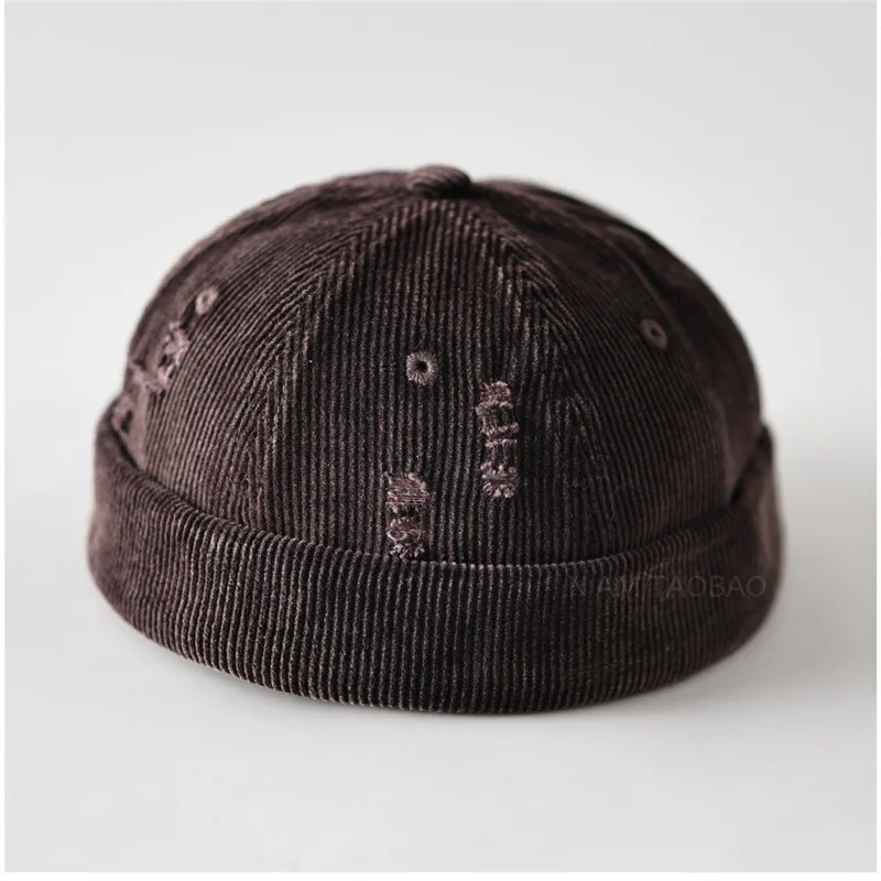 

Vintage Washed Corduroy Docker Cap Unisex Distressed Ripped Brimless Hat for Daily Outdoor Street Outfit