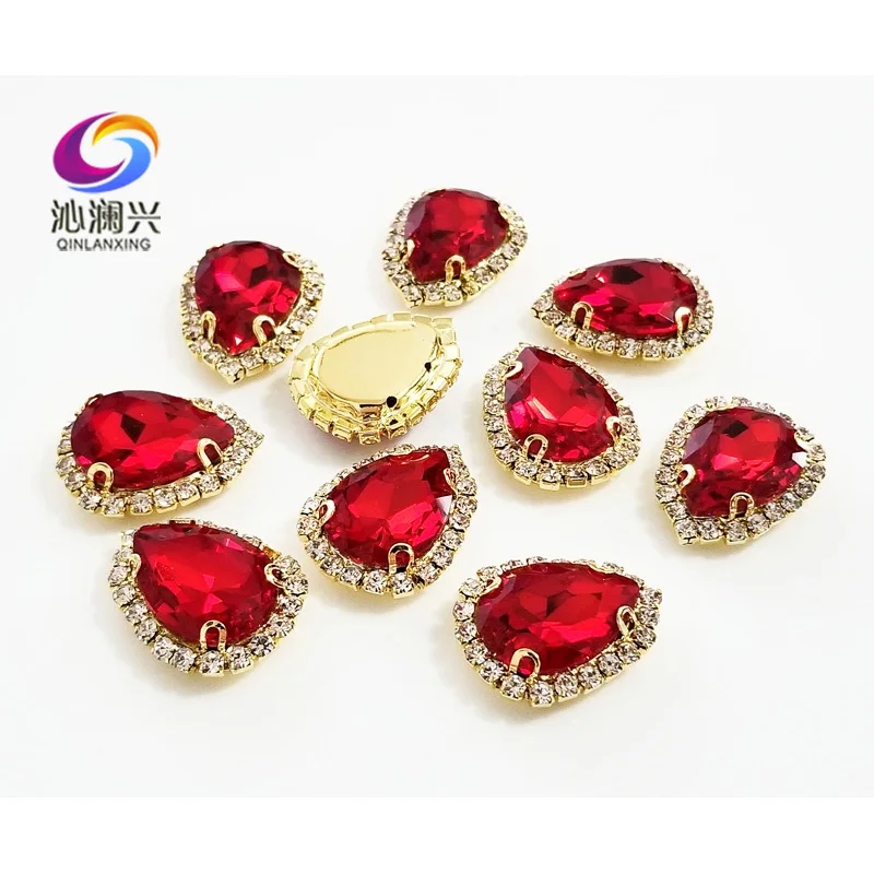 Red color Golden bottom Top grade Glass Crystal buckle,Drop shape sew on rhinestones,Diy wedding decoration 10pcs/pack