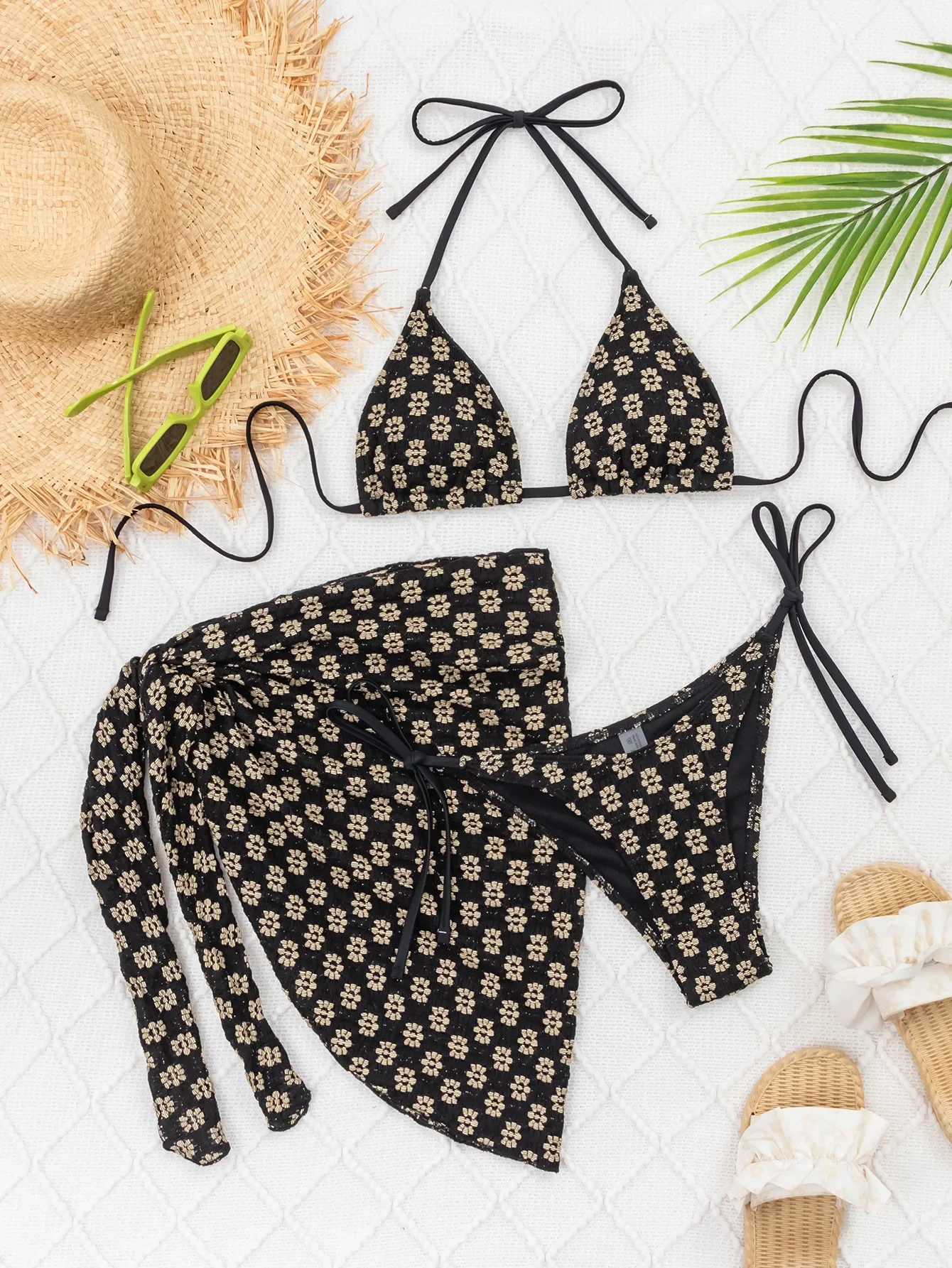 

2025 Summer Sexy Women's Bikini 3-Piece Flower Printed Swimsuit Cover Skirt Beach Wear Swimwear m