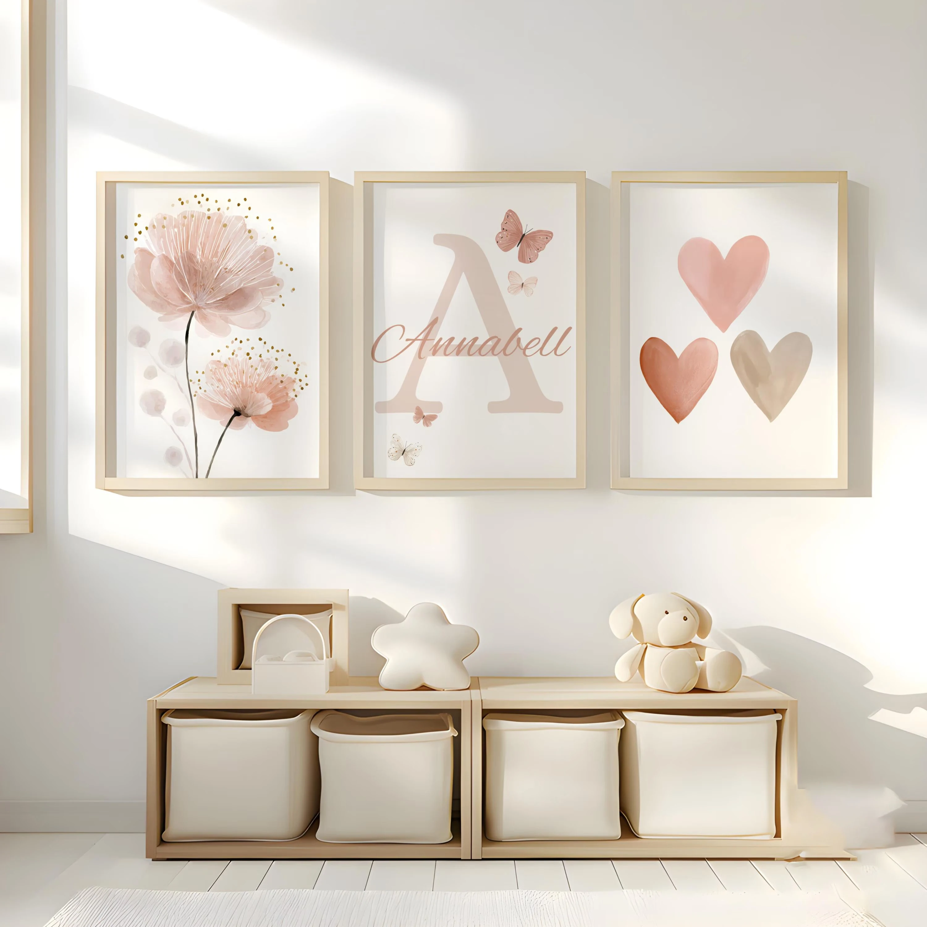 3pcs/set Bohemian Flower Heart Custom Name & Initials Canvas Printing Butterfly Nursery Wall Art Poster Suitable for Home Decor