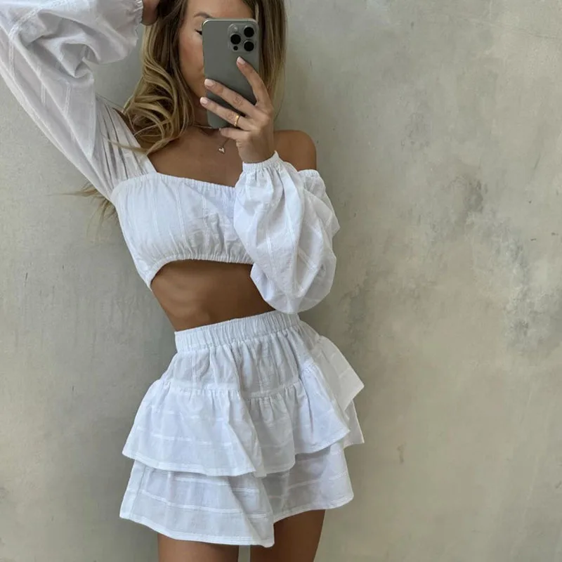 

Women's sexy square collar strapless short top hot girl suit 2025 new high waist cake skirt two-piece club clothing Vestidos