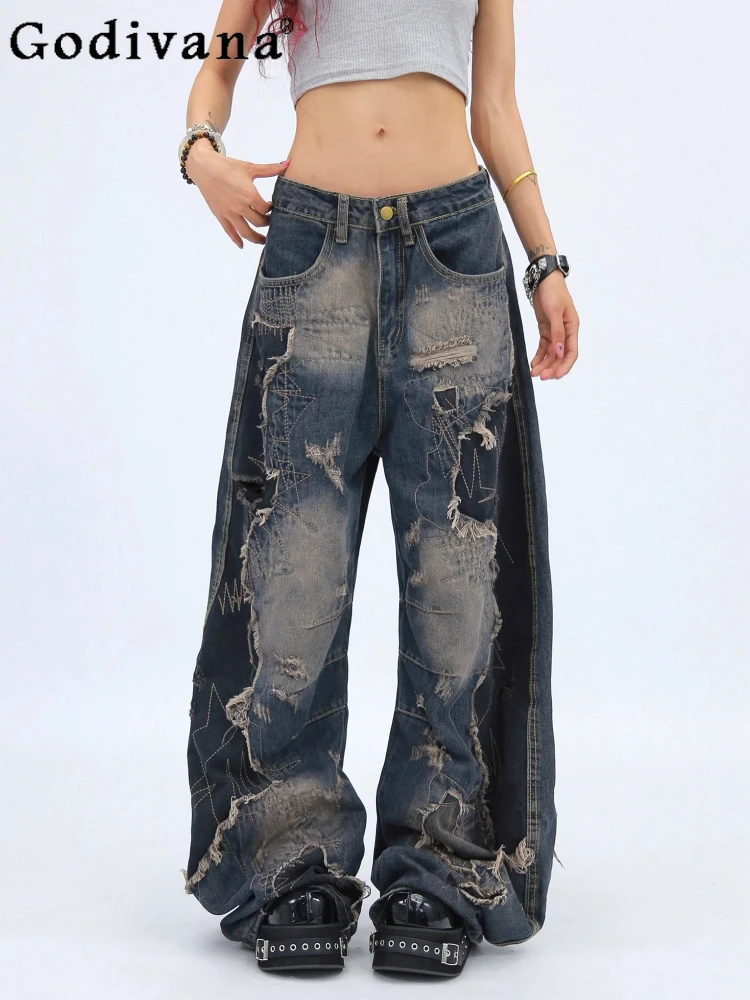 

Summer New Heavy Industry Patch Splicing Loose Leisure Jeans Personalized Street Girl Chic Vintage Versatile Long Wide-leg Pants