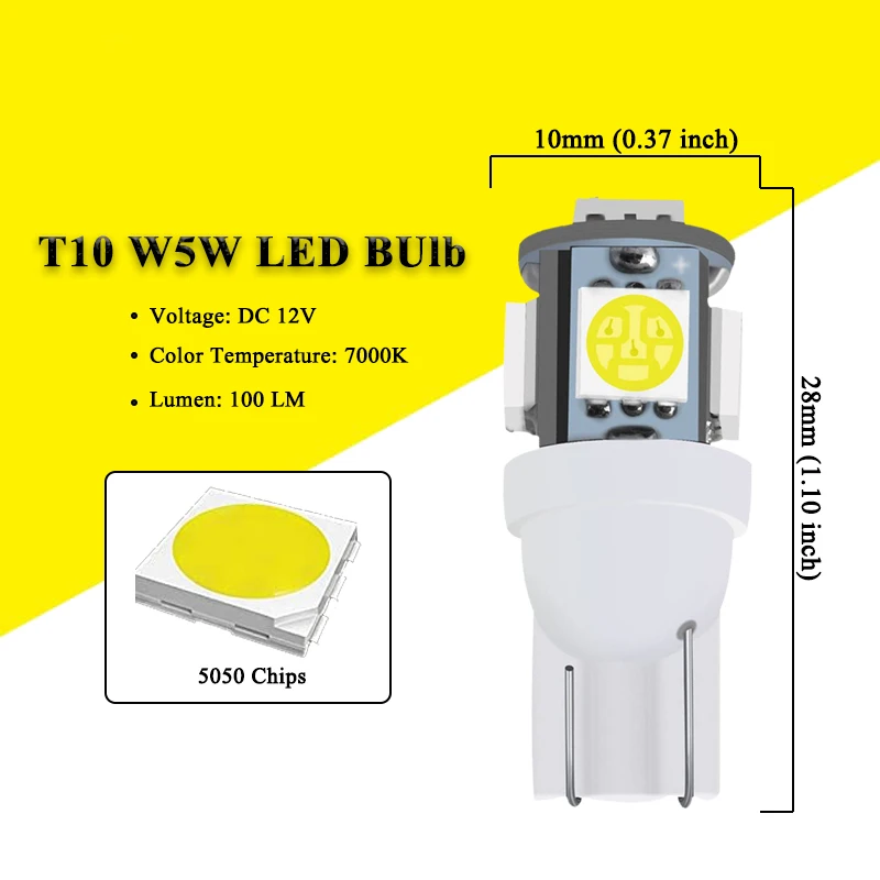 10 PCS T10 5W5 W5W LED Bulb 5050 5SMD 12V 7000K White Car Wedge Side Light Interior Dome Door Maps Trunk License Plate Lamps