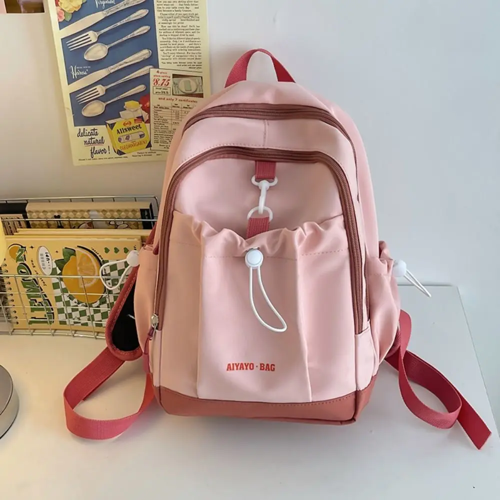 

Cute Solid Contrasting Color Backpack Drawstring Bag Nylon Students School Bag Travel Bag Korean Style Shoulder Bag Rucksacks