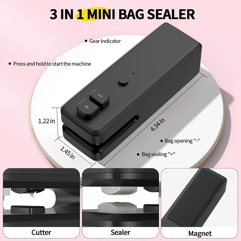 Zakverzegelaar, 3-in-1 mini-zakverzegelaar Heat Seal met snijder en magneet, oplaadbare mini-chipzakvacuümverzegelaar Machine Zwart Duurzaam