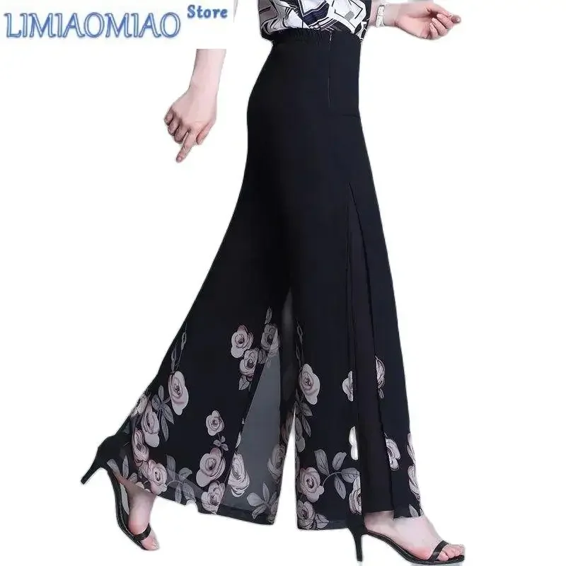 

Шифоновые брюки с разрезом на ногах, женские летние новые брюки для кадриль, широкие брюки с тонким принтом, женские брюки-кюлоты с высокой талией