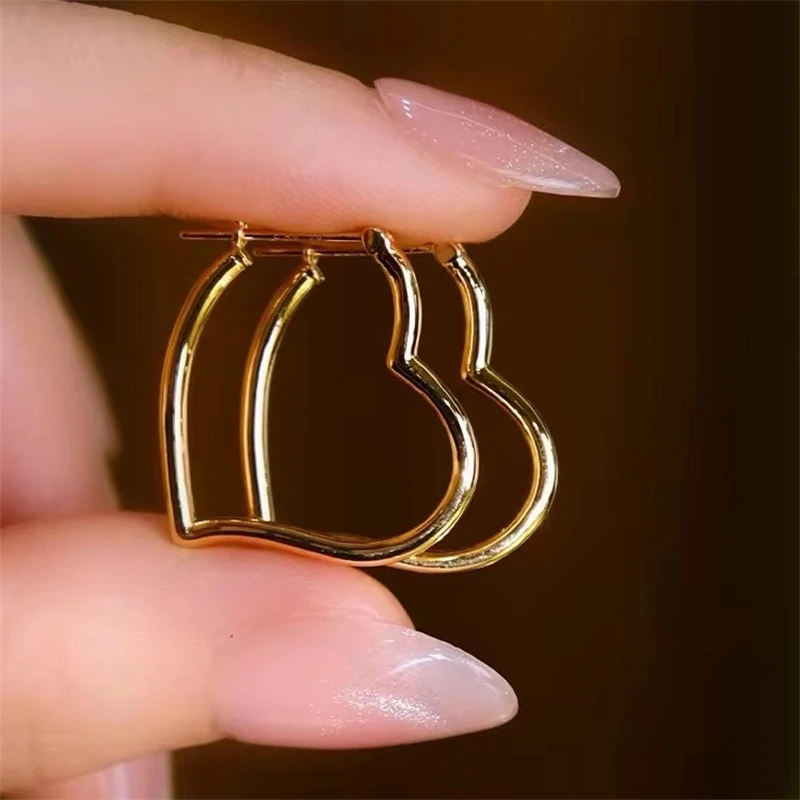 Real 18K Gold Love Heart Earrings Pure AU750 Hoop Earrings Fine Jewelry Gifts for Women