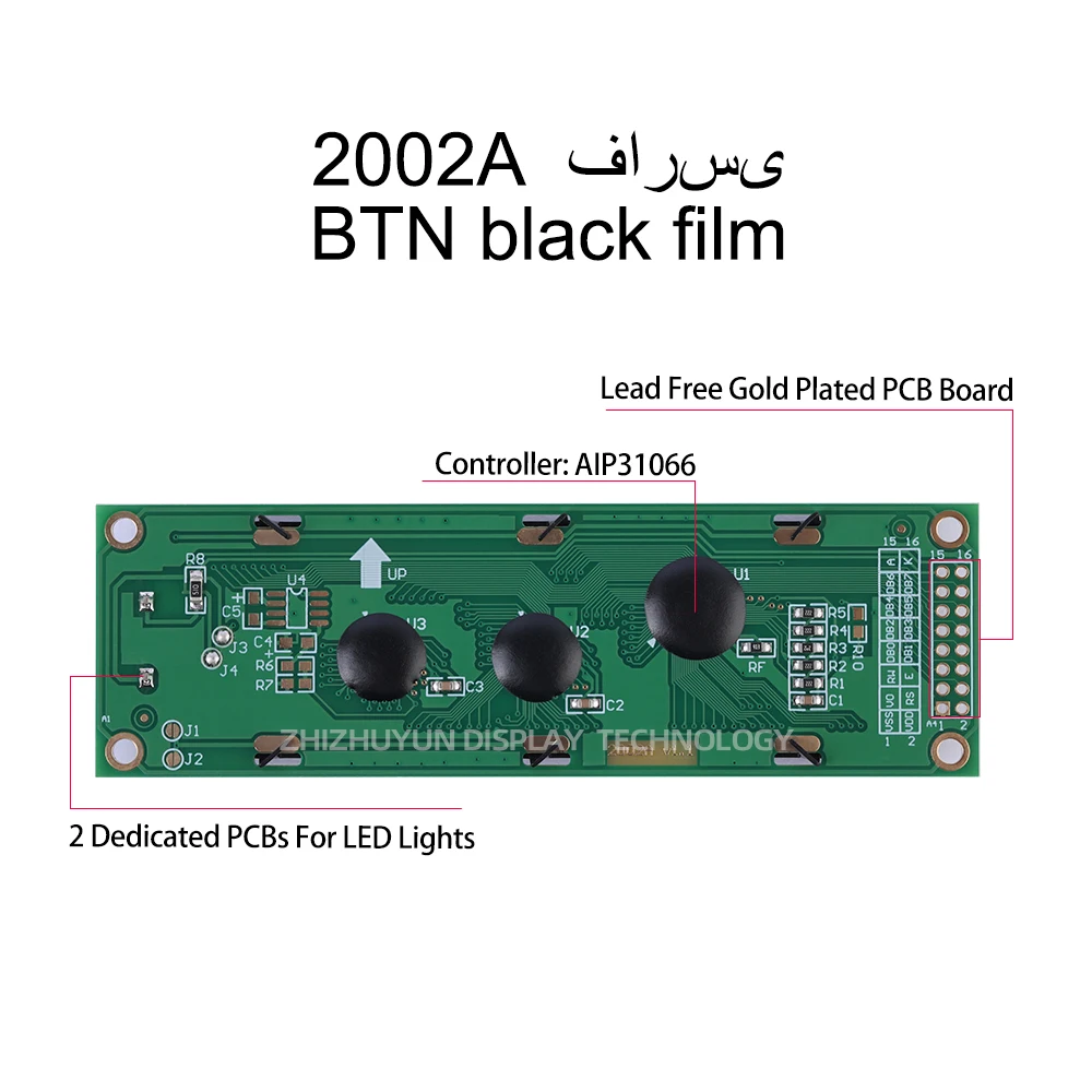 2002A Moduł LCD z postacią Farsi BTN Czarna folia Zielone słowo Wzmacniacz audio Wyświetlacz Dwurzędowy moduł interfejsu