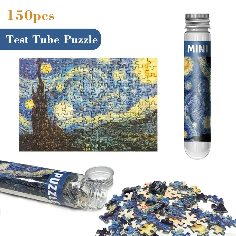 150pcs Test Tube Jigsaw Puzzle Portable Decompression World Famous Painting Van Gogh The Starry Night Paper Toy Gift