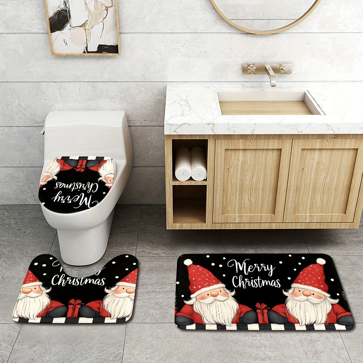 

3 шт., набор ковриков для ванной с рождественским эльфом и крышкой для унитаза + U-образный напольный коврик, нескользящий моющийся полиэстер, праздничный декор