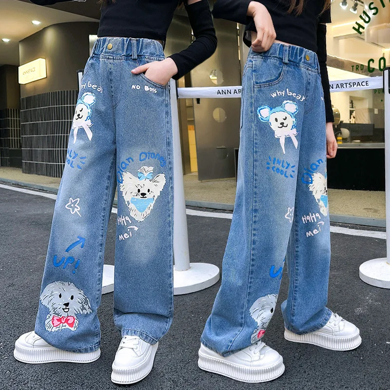 Jeans for Girls 2024 New Fashion Cartoon Printed Long Denim Trousers Teens Kids Cute Dog Pattern Wide Leg Pants 5 7 9 11 13 14Y