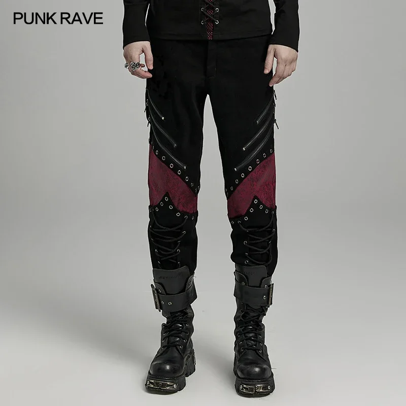 PUNK RAVE Men's Punk Buckle Loops Decorated Distressed Pants Drawstrings Trousers Streetwear Men Clothing Two Colors