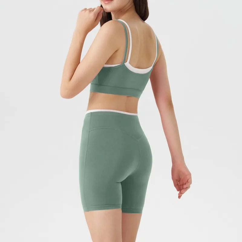 

Women's 2-piece Yoga Set Fake Two-Piece Color-Block White Stripe Camisole Running Sports Bra Shorts Yoga Outfit Set