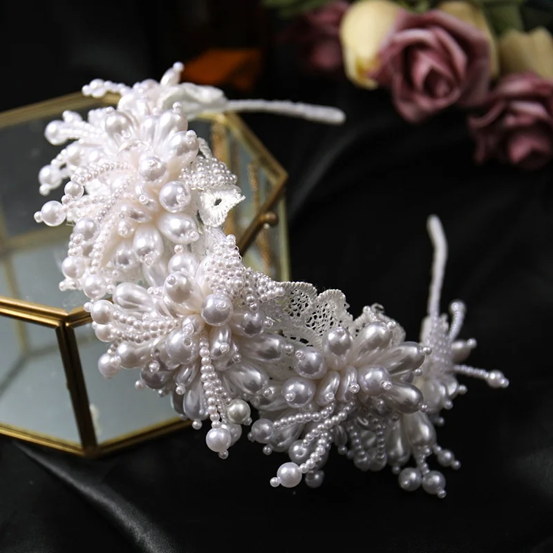 Pearl Handmade Hairband Veil Cloth Headband For Women Prom Party Bridal Wedding Hair Accessories Jewelry Band Headband Tiara