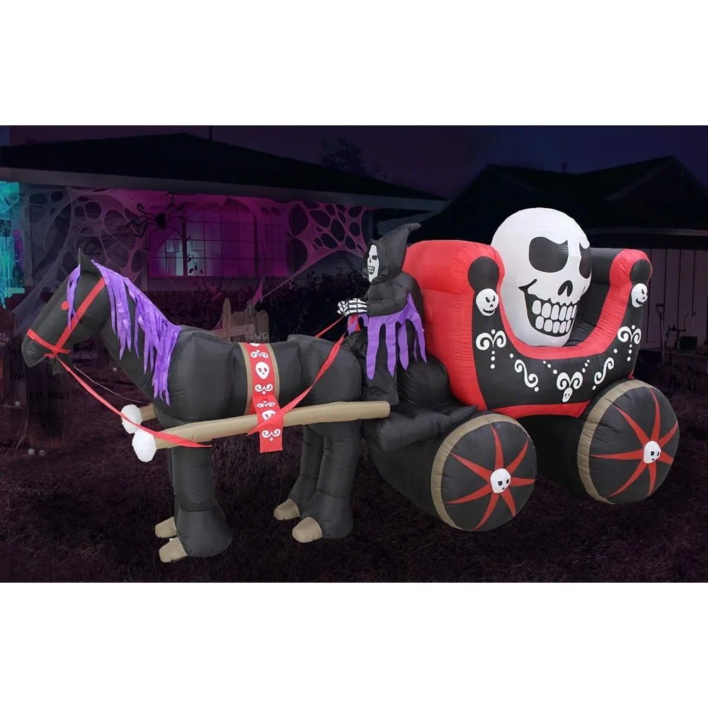 

12 Foot Long Halloween Inflatables Outdoor Decorations, Carriage with Skeleton Ghost Skull Lights, Halloween Decorations