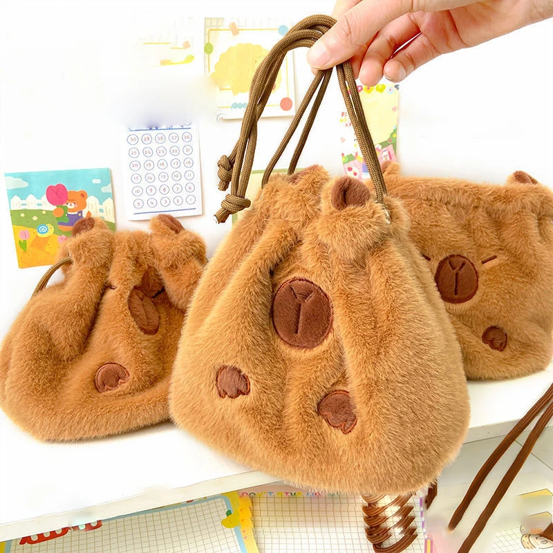 Cute Plush Capybara Storage Bag Large Capacity Cosmetic Bags Portable Drawstring Pocket Gift