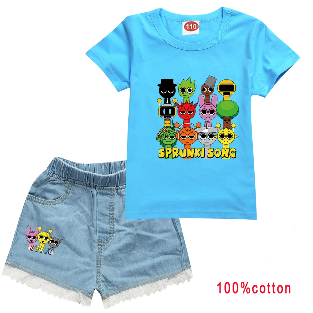 

Sprunki T Shirt Kids Cartoon Sprunky Incredibox Clothes Girls Summer Outfits Children Short Sleeve Tops Denims Shorts 2pcs Sets