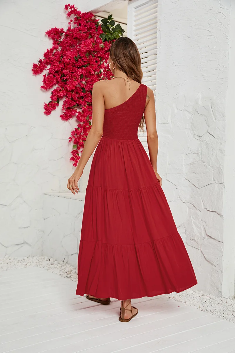 Mulheres elegantes vestido longo um ombro sem mangas casual verão midi vestido solto plissado em camadas flowy praia maxi vestido de sol