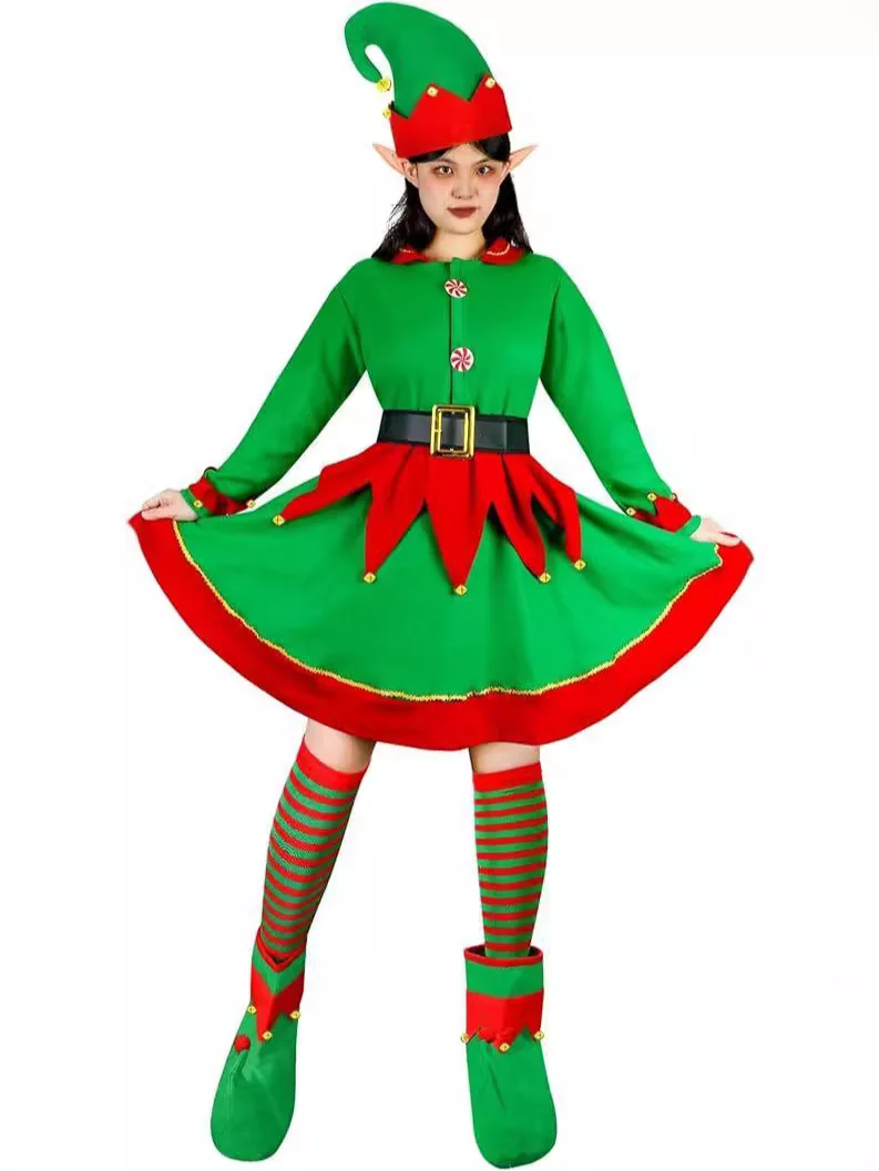 Adults Lady Christmas Elf Costume Fit Hooded Velvet Dress Festival Party Family Matching Outfits New Year Cosplay Clothing Sets