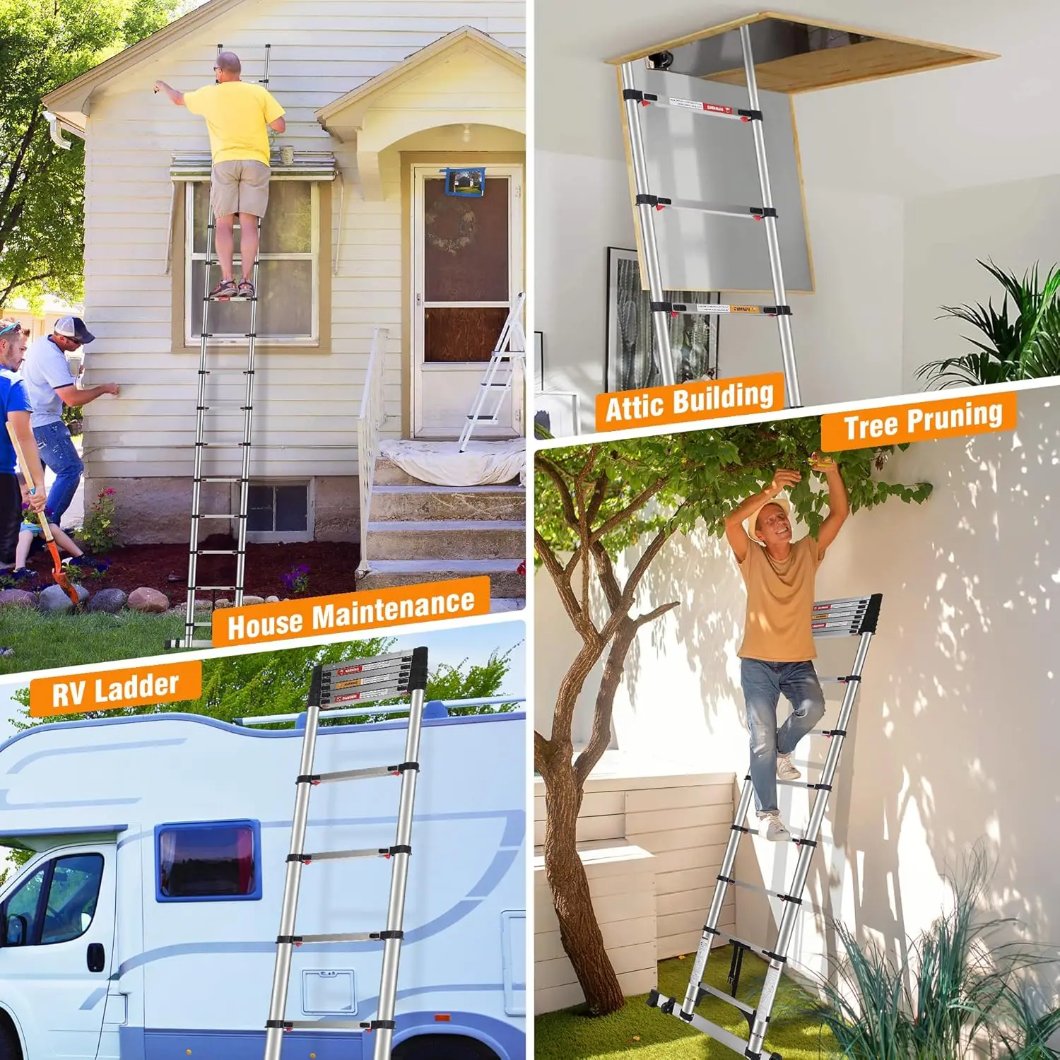 Ladders Stainless Steel Telescopic Ladder - Multi-Button Retraction Collapsible Ladder for Home,RV,Loft, Lasts 375 LBS with 2 Tr