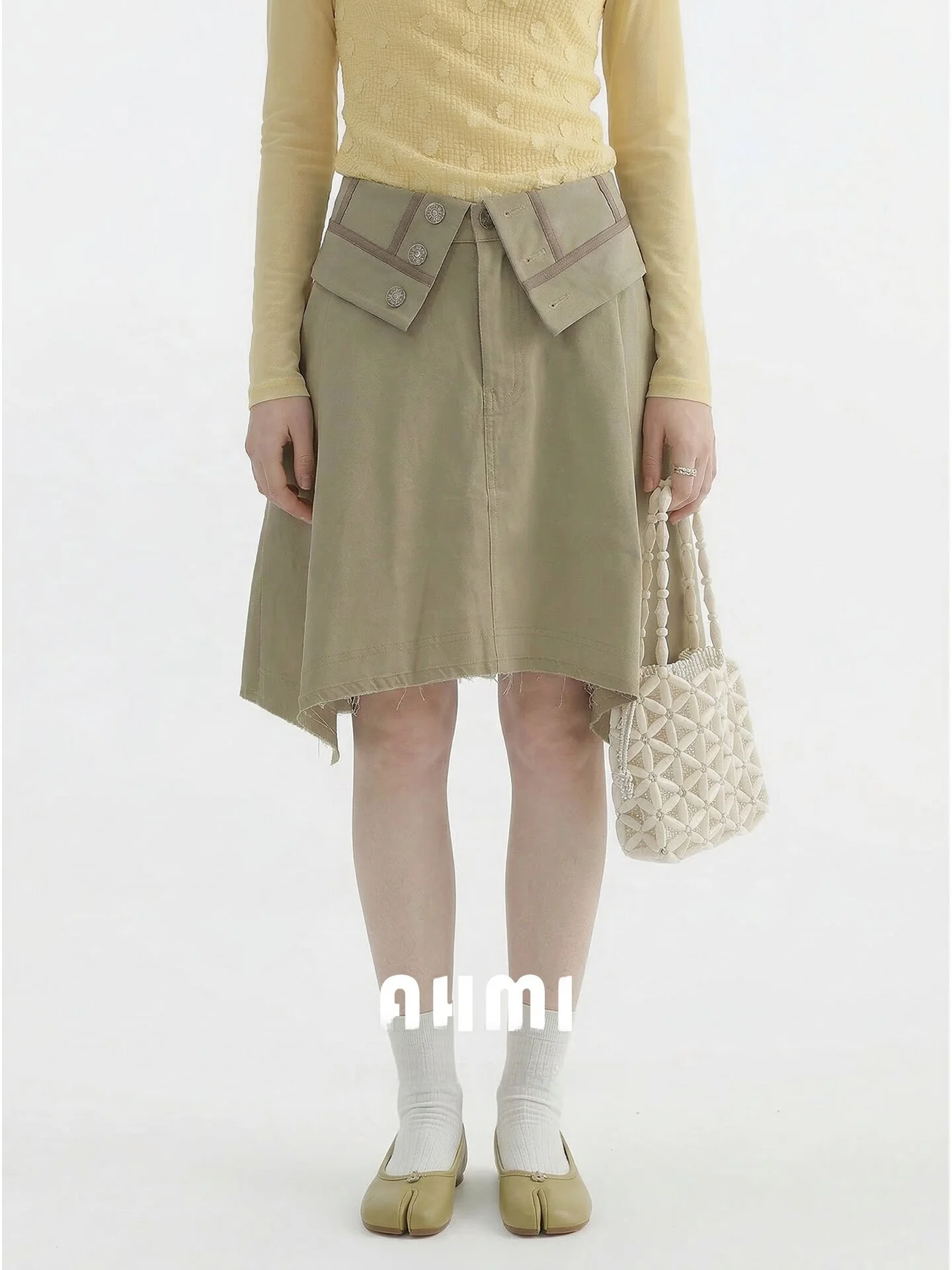 

Женская асимметричная юбка миди AHMI Весна 2026 с завышенной талией, свободного кроя, стройнящая, модный дизайн, с поясом, А-силуэт