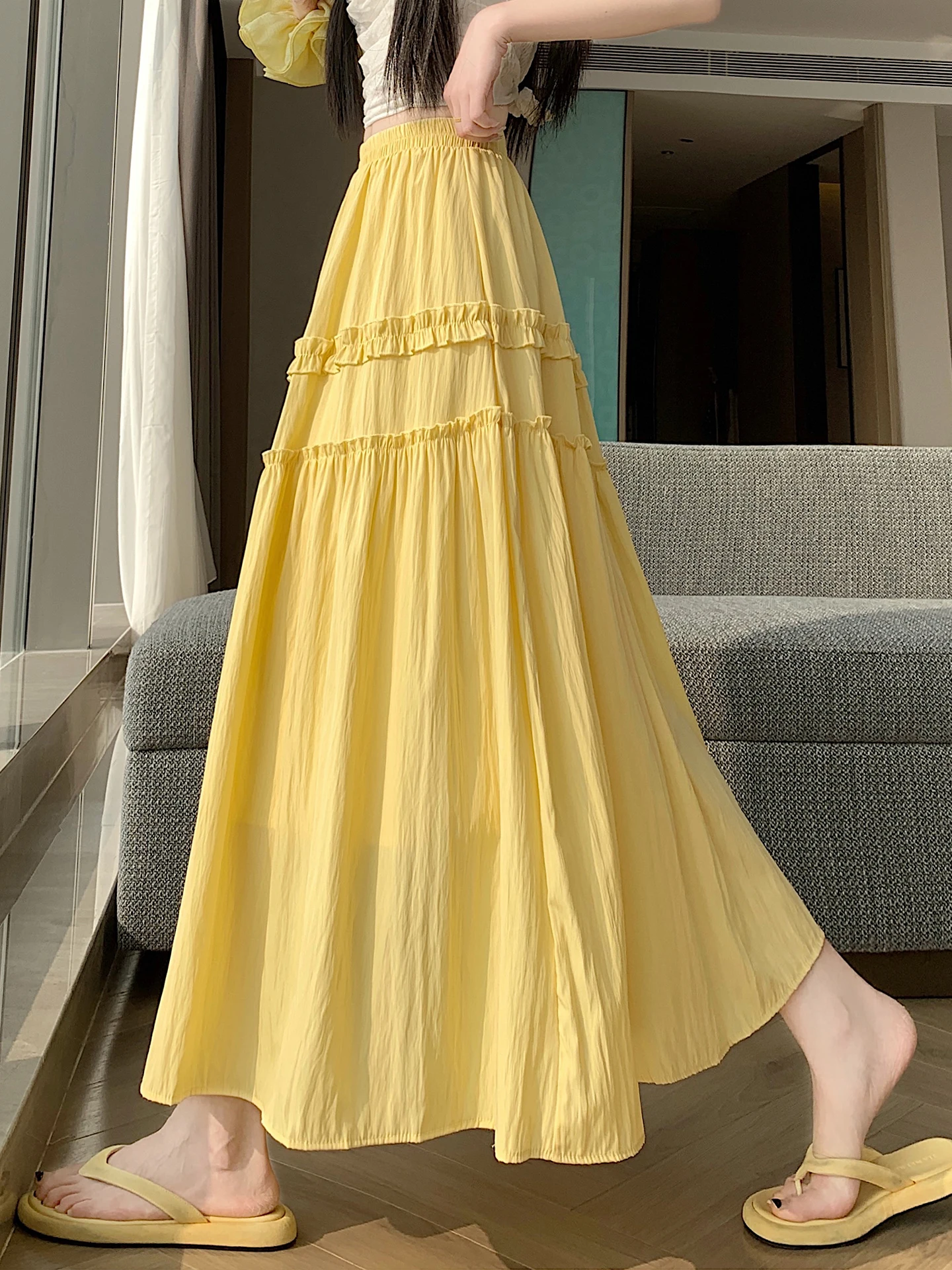 

Yellow Asymmetrical High Waist A-Line Midi Skirt Women's Summer Elastic Waist Slimming Half-Length Skirt Commute Style