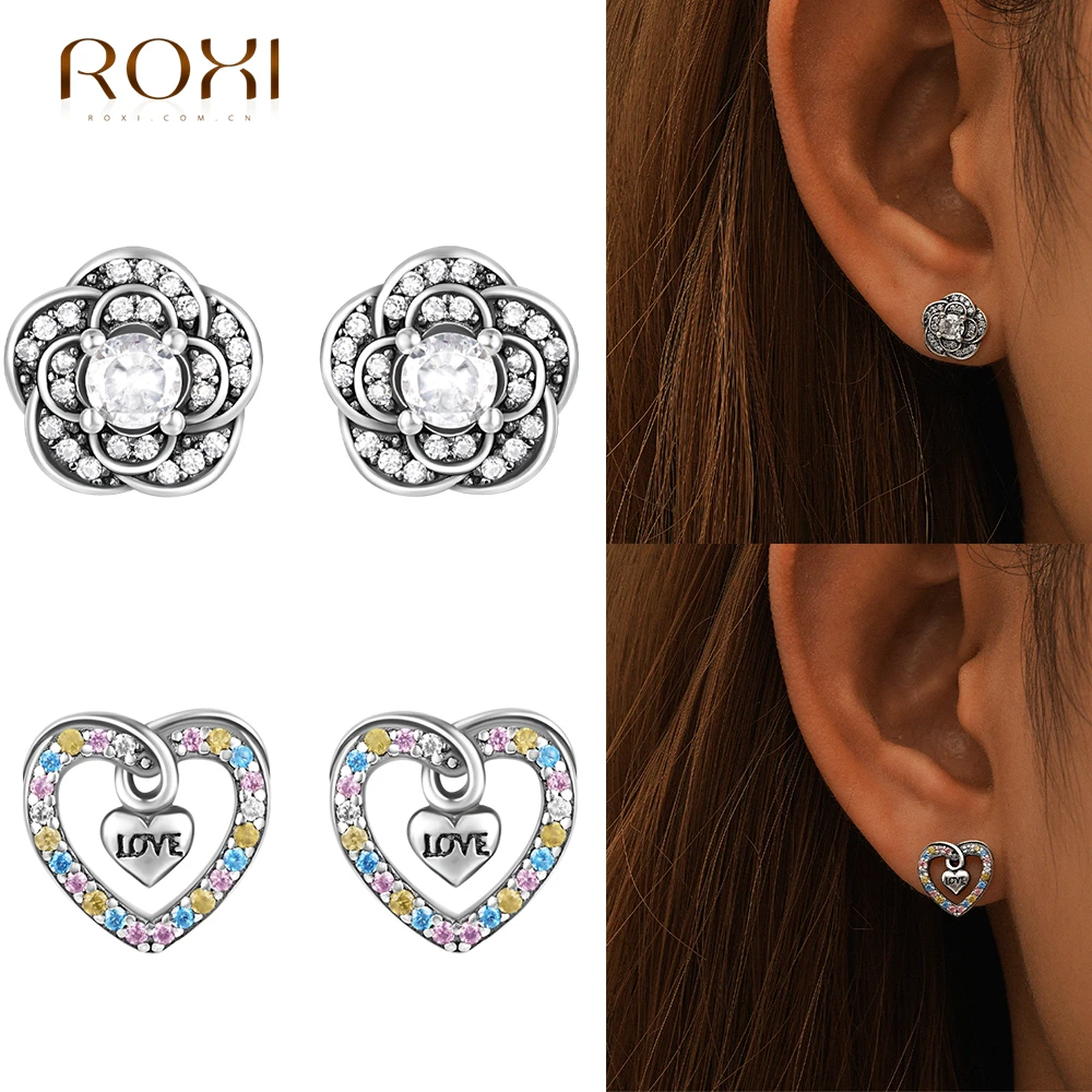 ROXI 100% 925 Sterling Silver Retro Rose/Love Zircon Earrings Women's Perforated Double layered piercing Earring Jewelry gift