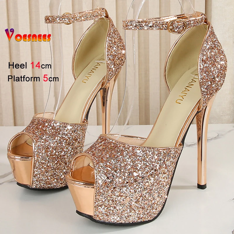 

Цвет шампанского, новинка 2023 года, женская обувь с блестками, женские туфли-лодочки на тонком высоком каблуке 14 см, платформе 5 см, вечерние туфли на шпильке с пряжкой на щиколотке