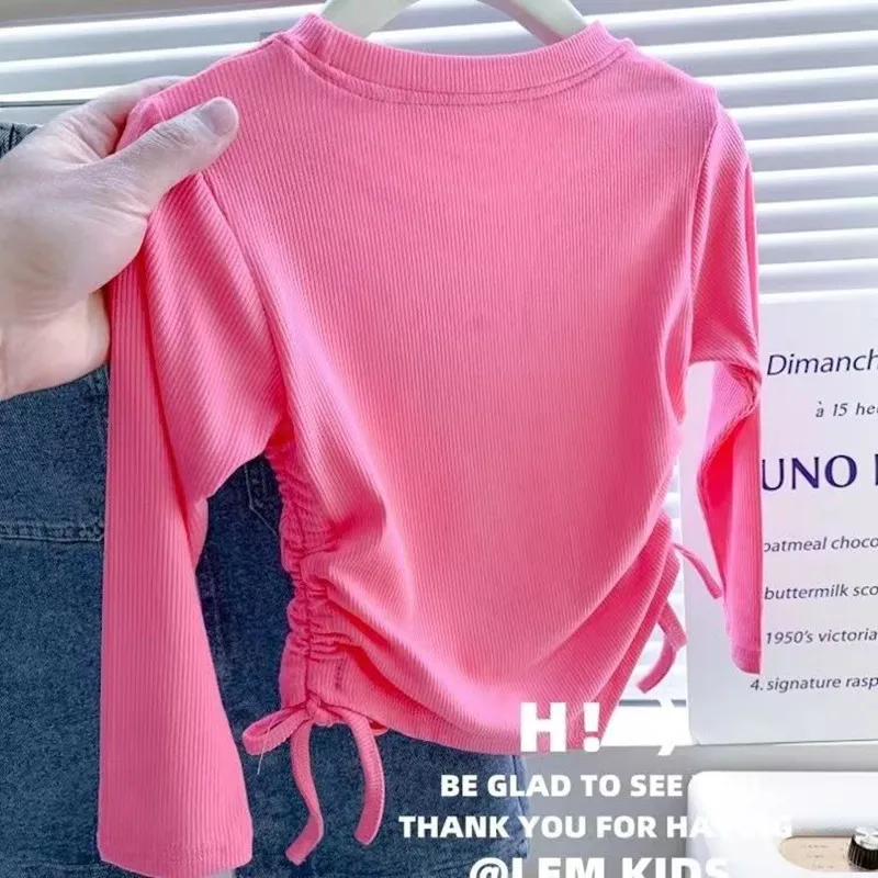 Children\'s 2023 Spring New Girls Korean Version Double-side Drawstring Letter Printing Elastic Long-sleeved T-shirt