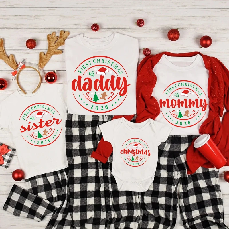 2026 First Christmas Matching Family Outfits Daddy Mommy Brother Sister Baby Bodysuit Xmas Photography T-shirt Family Look Tees