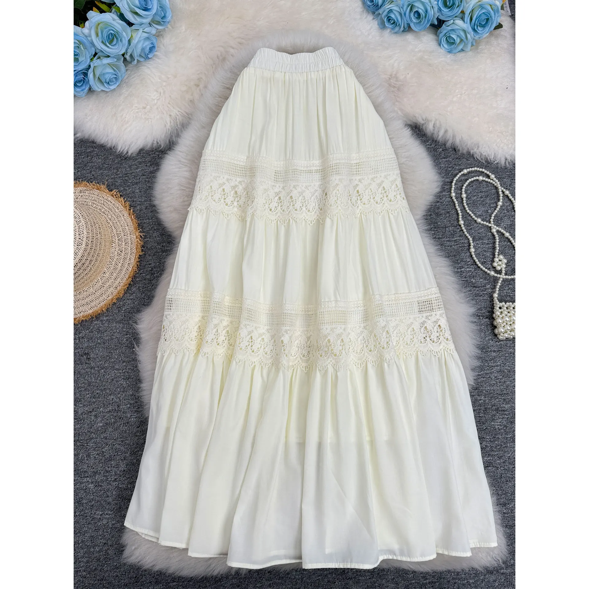 Women Skirts Embroidered Skirt Spliced A Line Ankle Length Elastic Empire Waist Slight Strech Loose Casual Office 2026 Spring