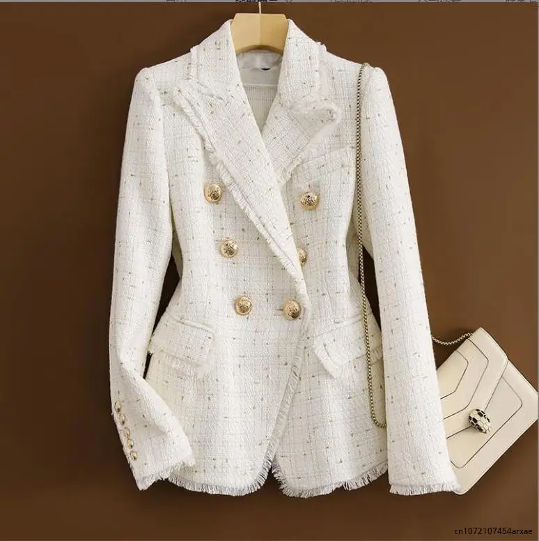 

New Female Casual Blazer Spring Autumn Double-Breasted Gold Line Suit Jacket Design Sense Office Professional Women's Clothing