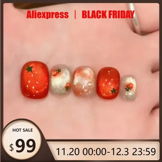 

10pcs Festive Red Oval Short Press-On Nails with Cute Tomato Design, Glossy Finish Holiday Nail Art Set for Women Party Daily