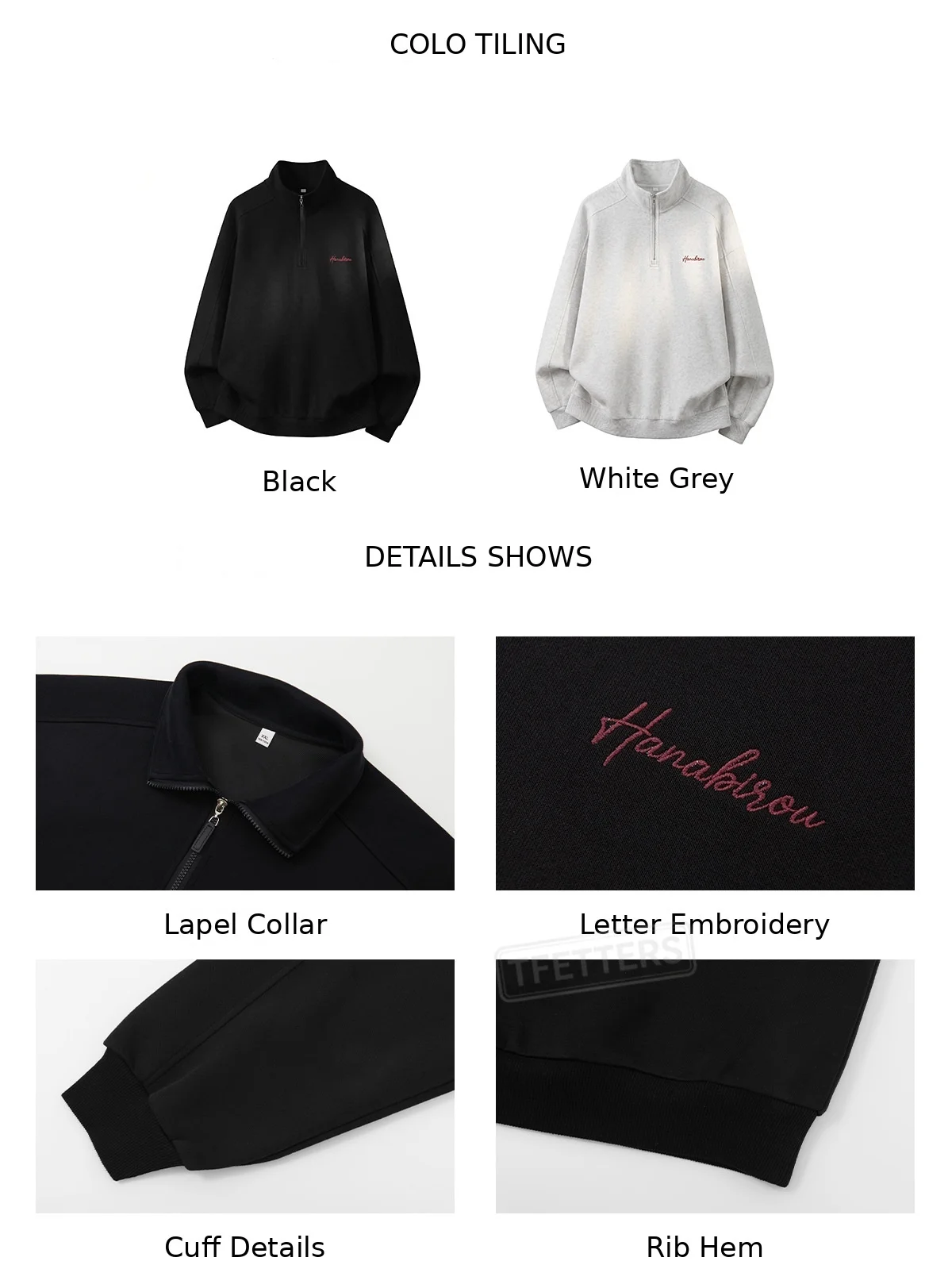 TFETTERS Fall Loose Cotton Half Zip Sweatshirt for Men Heather Gray Stand Collar Minimal Embroidered Casual Tops for Man EU SIZE