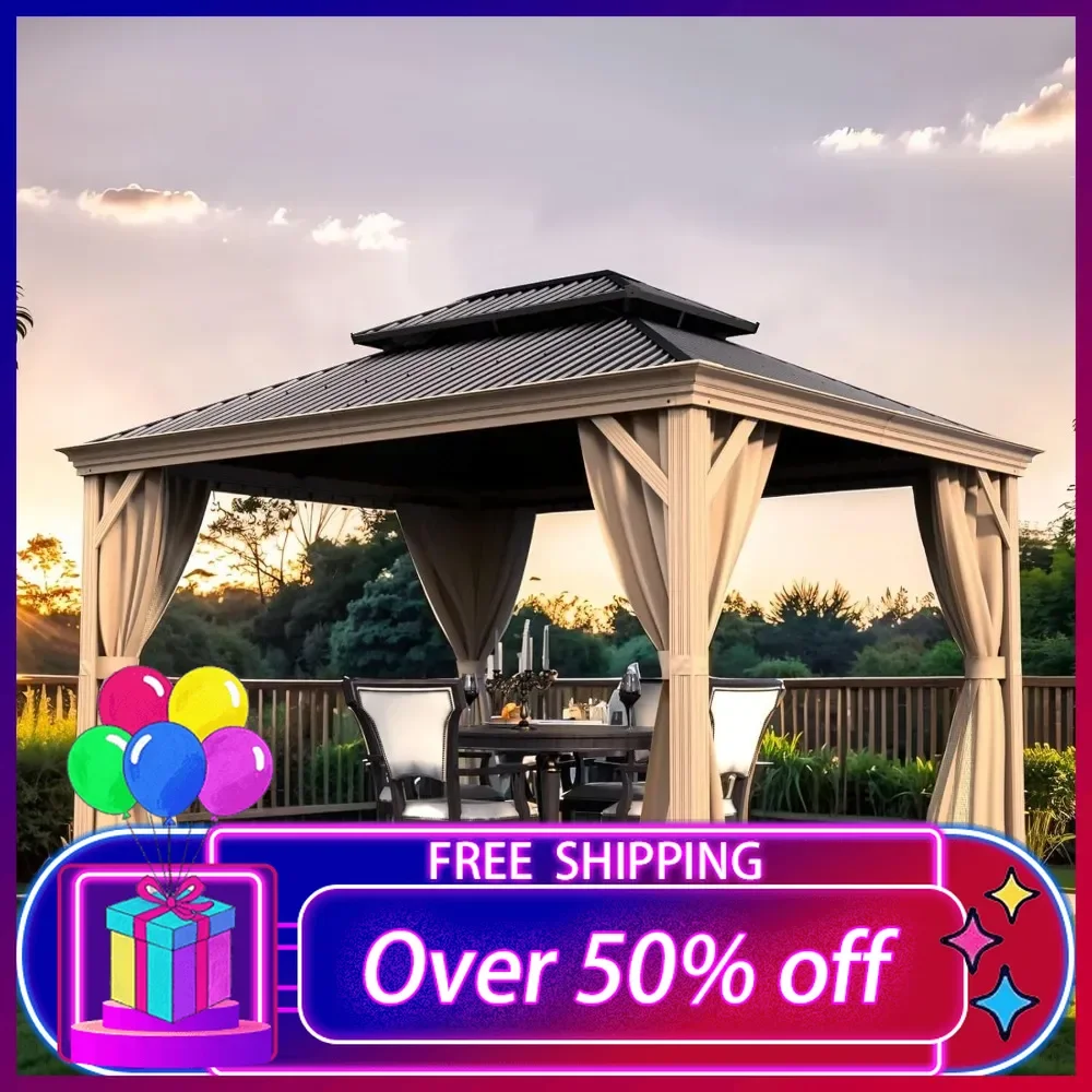 

10'x12' Hardtop Gazebo - Wooden Coated Aluminum Frame Canopy with Galvanized Steel Double Roof, Permanent Metal Gazebo Pavilion