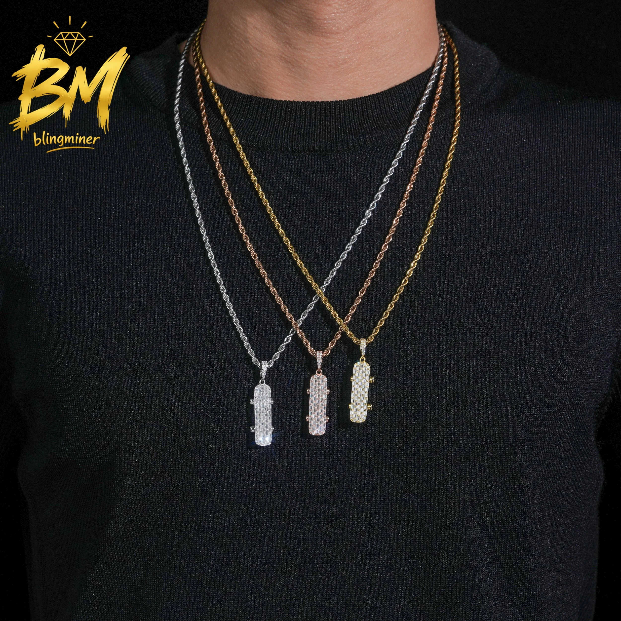Blingminer S925 Silver Hip Hop Skateboard VVS Moissanite Pendant For Men Women Pendants Jewelry Pass Diamonds Tester Free Shippi